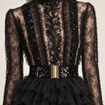 Élodie black beaded lace and ruffle maxi dress, close-up view