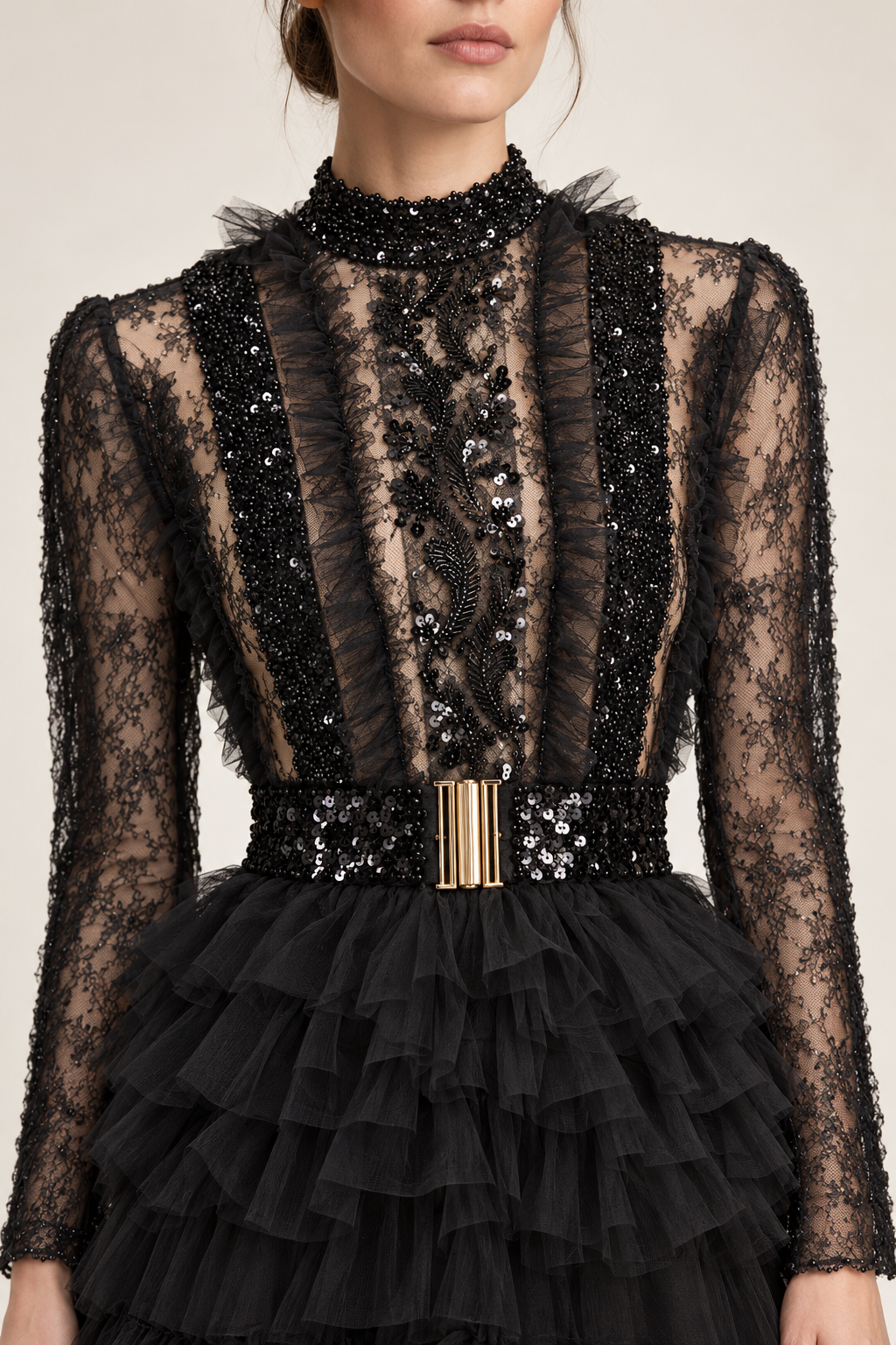 Élodie black beaded lace and ruffle maxi dress, close-up view