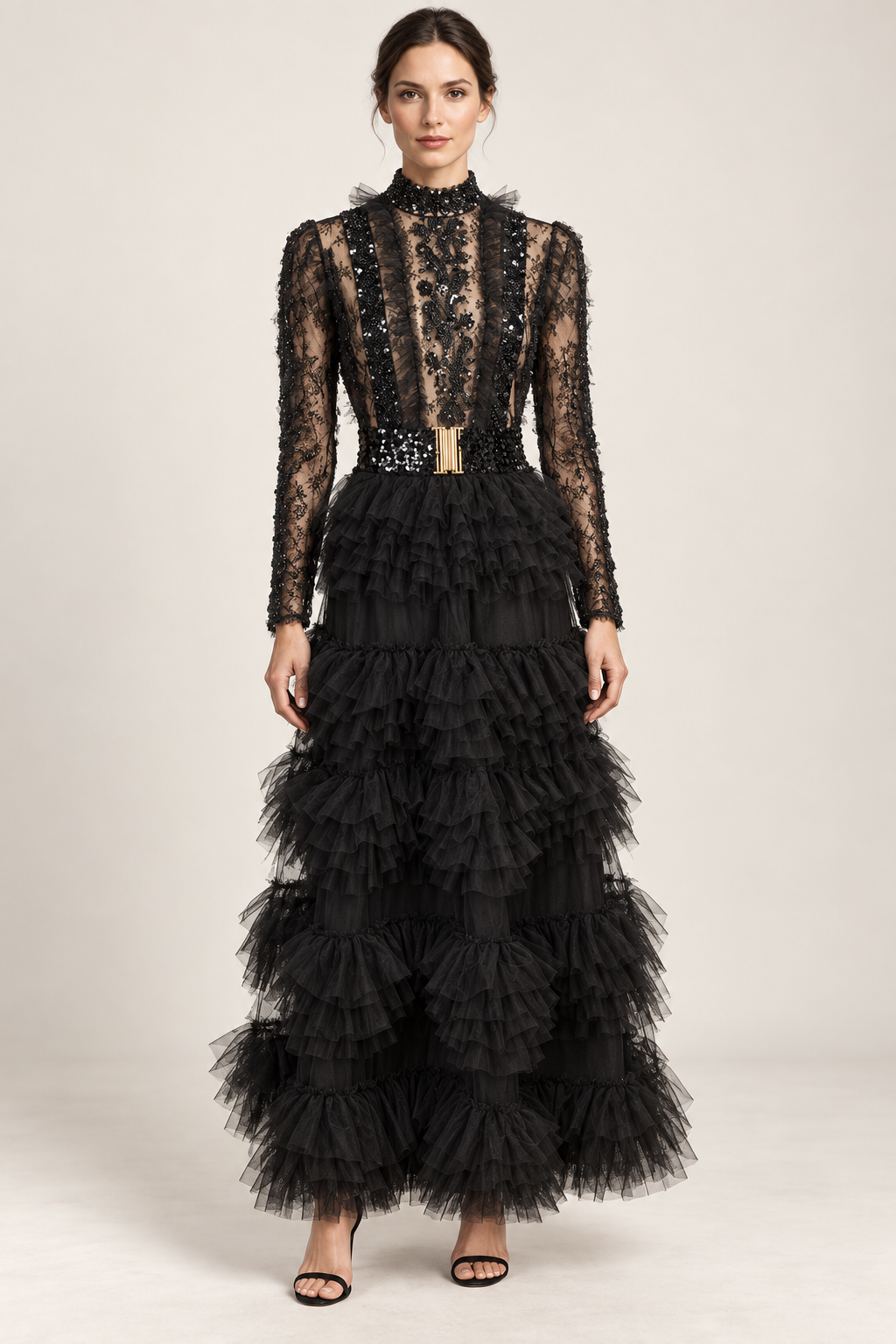 Élodie black beaded lace and ruffle maxi dress, front view