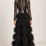 Élodie black beaded lace and ruffle maxi dress, front view