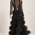 Élodie black beaded lace and ruffle maxi dress, movement view