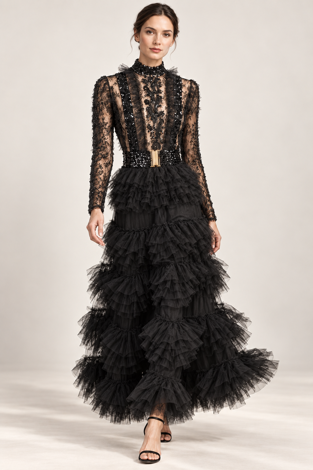 Élodie black beaded lace and ruffle maxi dress, movement view