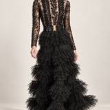 Élodie black beaded lace and ruffle maxi dress, movement view