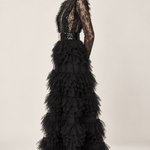 Élodie black beaded lace and ruffle maxi dress, side view