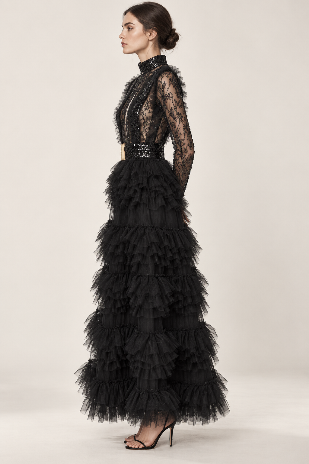 Élodie black beaded lace and ruffle maxi dress, side view