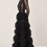 Élodie black beaded lace and ruffle maxi dress, side view