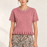 Émeline Rose Jeweled Ruffle-Hem Sweater styled with Héloïse Multico Chevron jacquard pants, front view