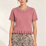 Émeline Rose Jeweled Ruffle-Hem Sweater styled with Héloïse Multico Chevron jacquard pants, front view