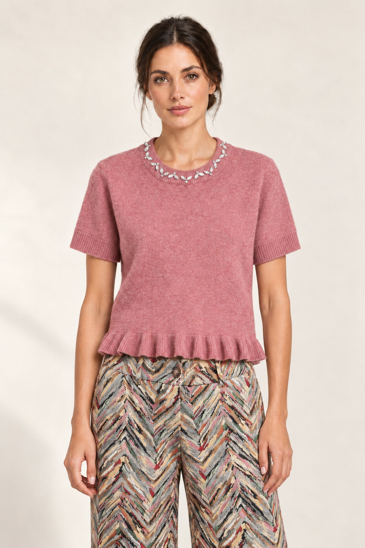 Émeline Rose Jeweled Ruffle-Hem Sweater styled with Héloïse Multico Chevron jacquard pants, front view