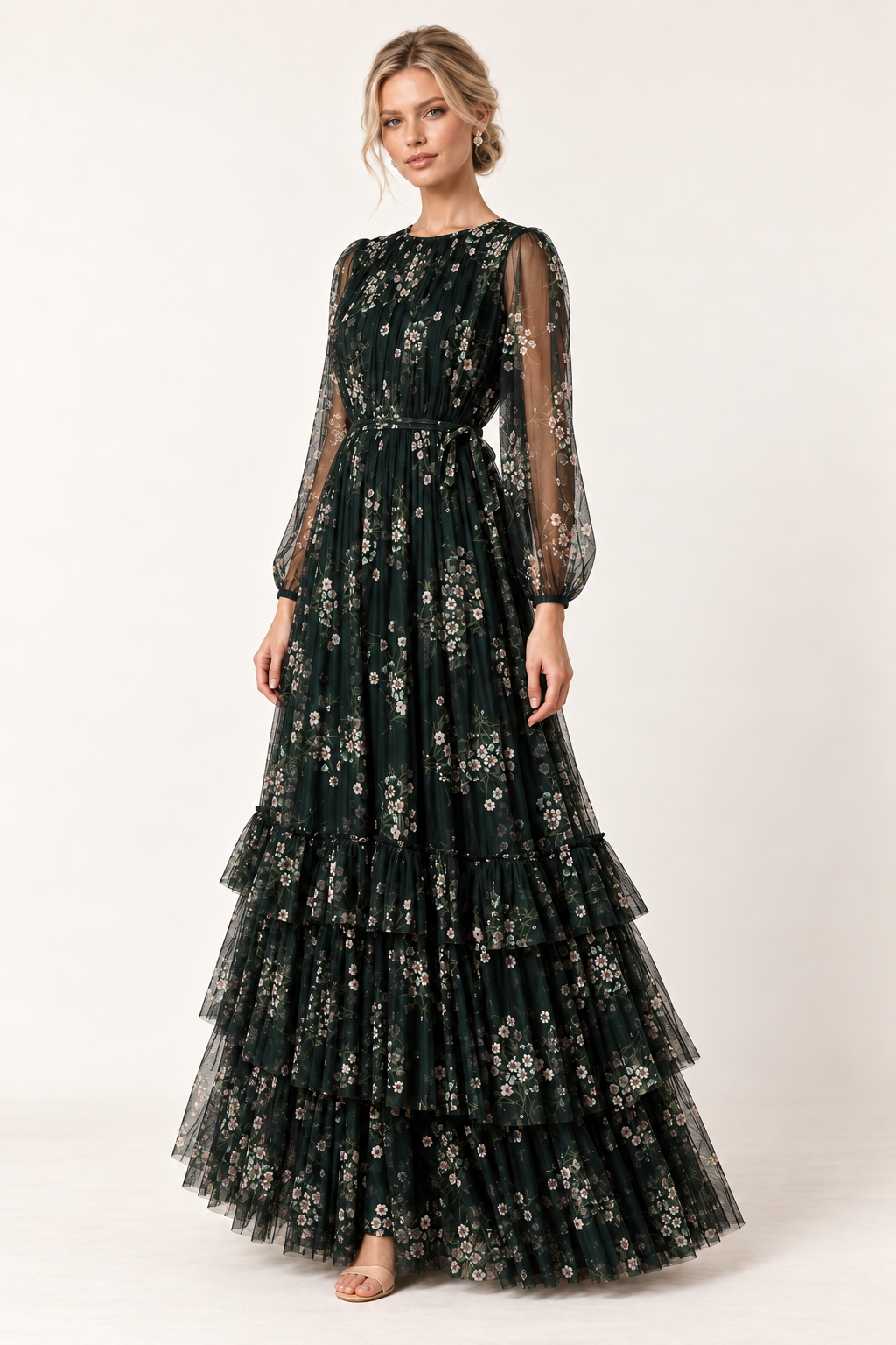 Emerald Jardin Floral Tulle Maxi Dress — angle view