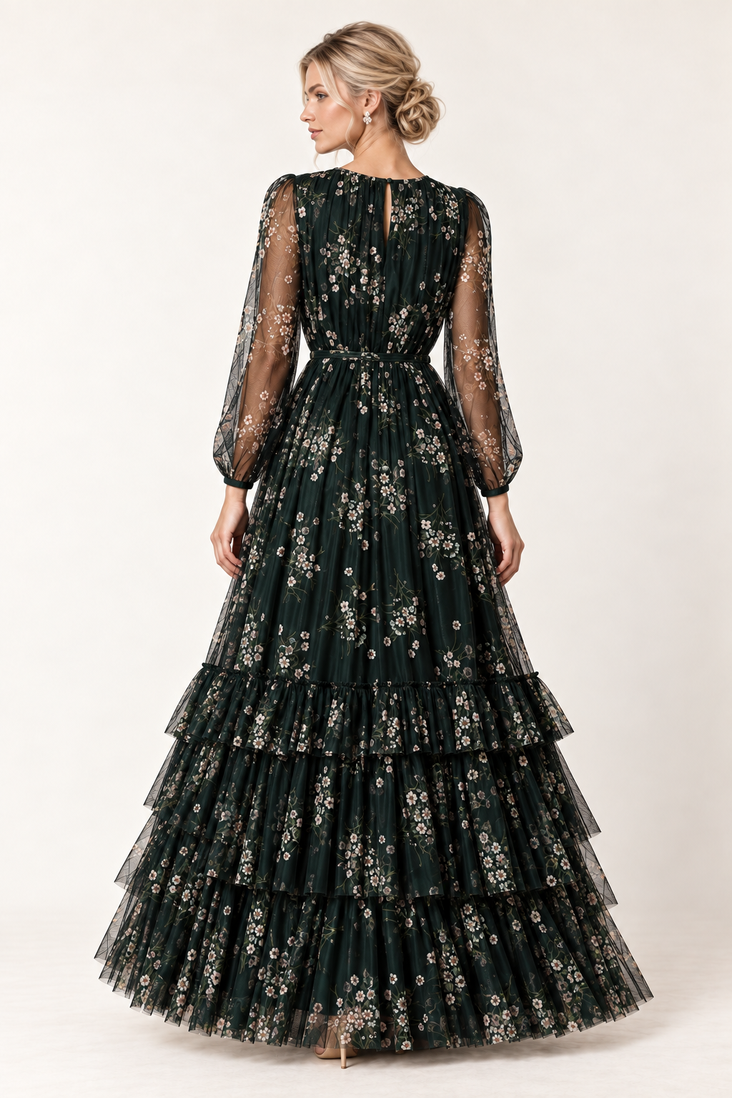 Emerald Jardin Floral Tulle Maxi Dress — back view