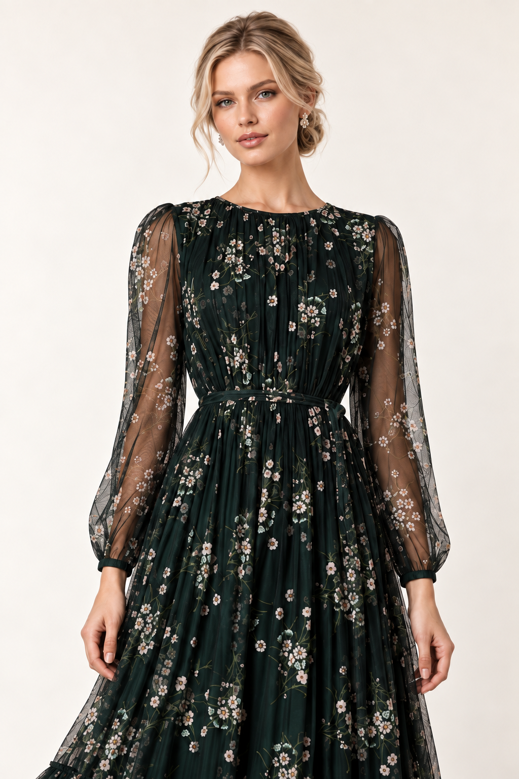 Emerald Jardin Floral Tulle Maxi Dress — detail view
