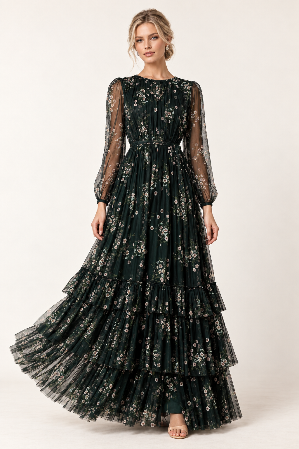 Emerald Jardin Floral Tulle Maxi Dress — front view