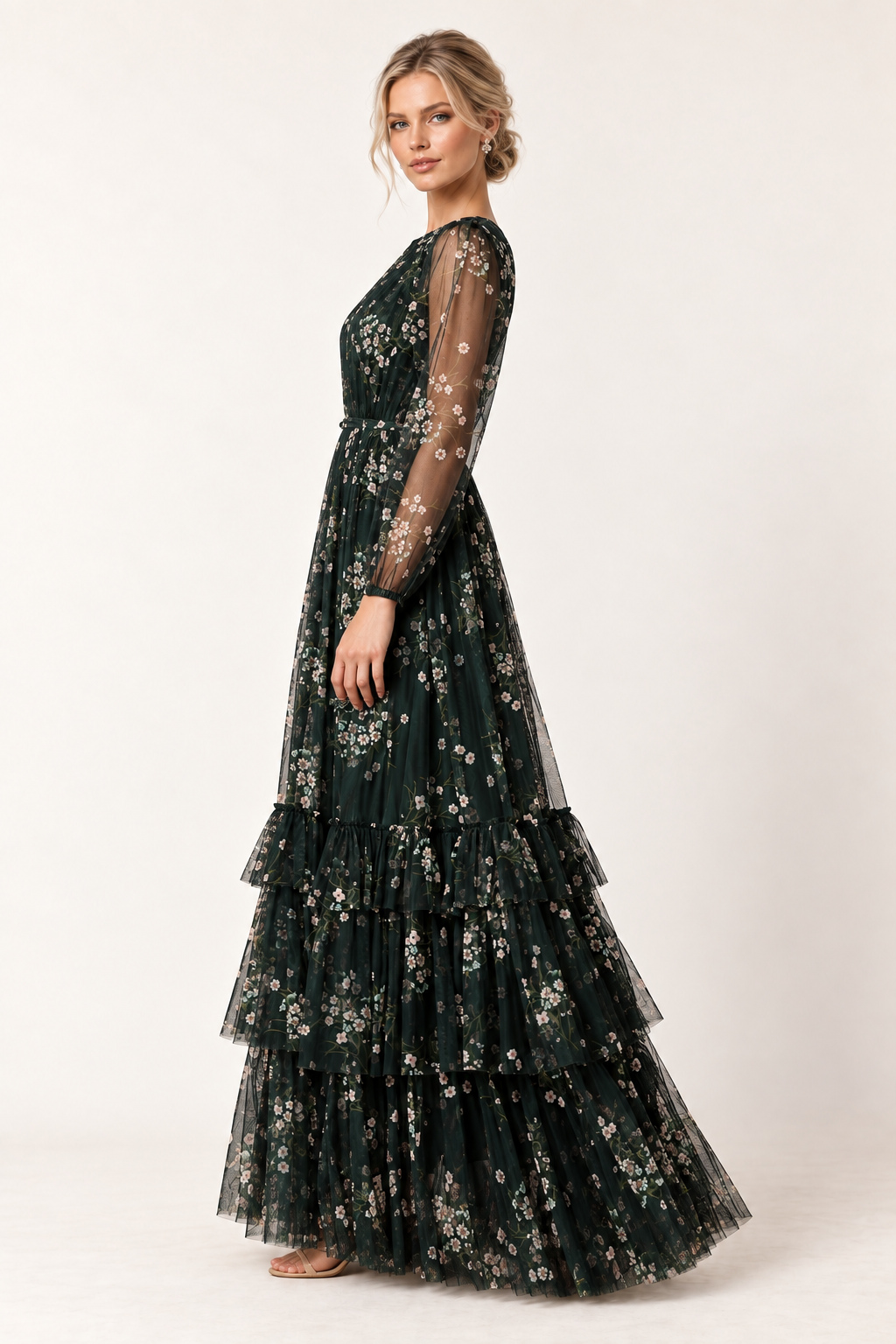 Emerald Jardin Floral Tulle Maxi Dress — side view