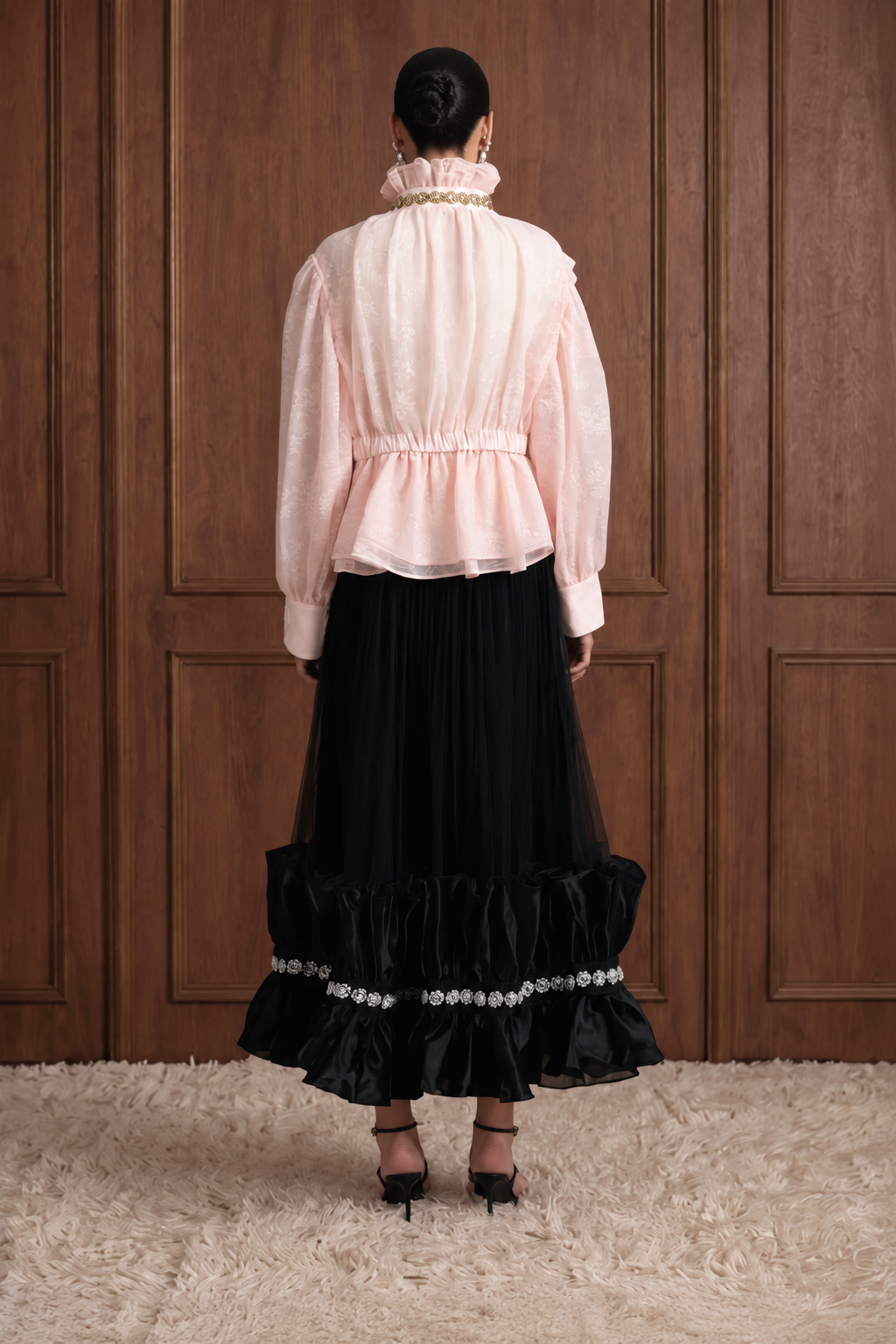 Étoile de Soir Embellished Tulle Maxi Skirt in Black — back view