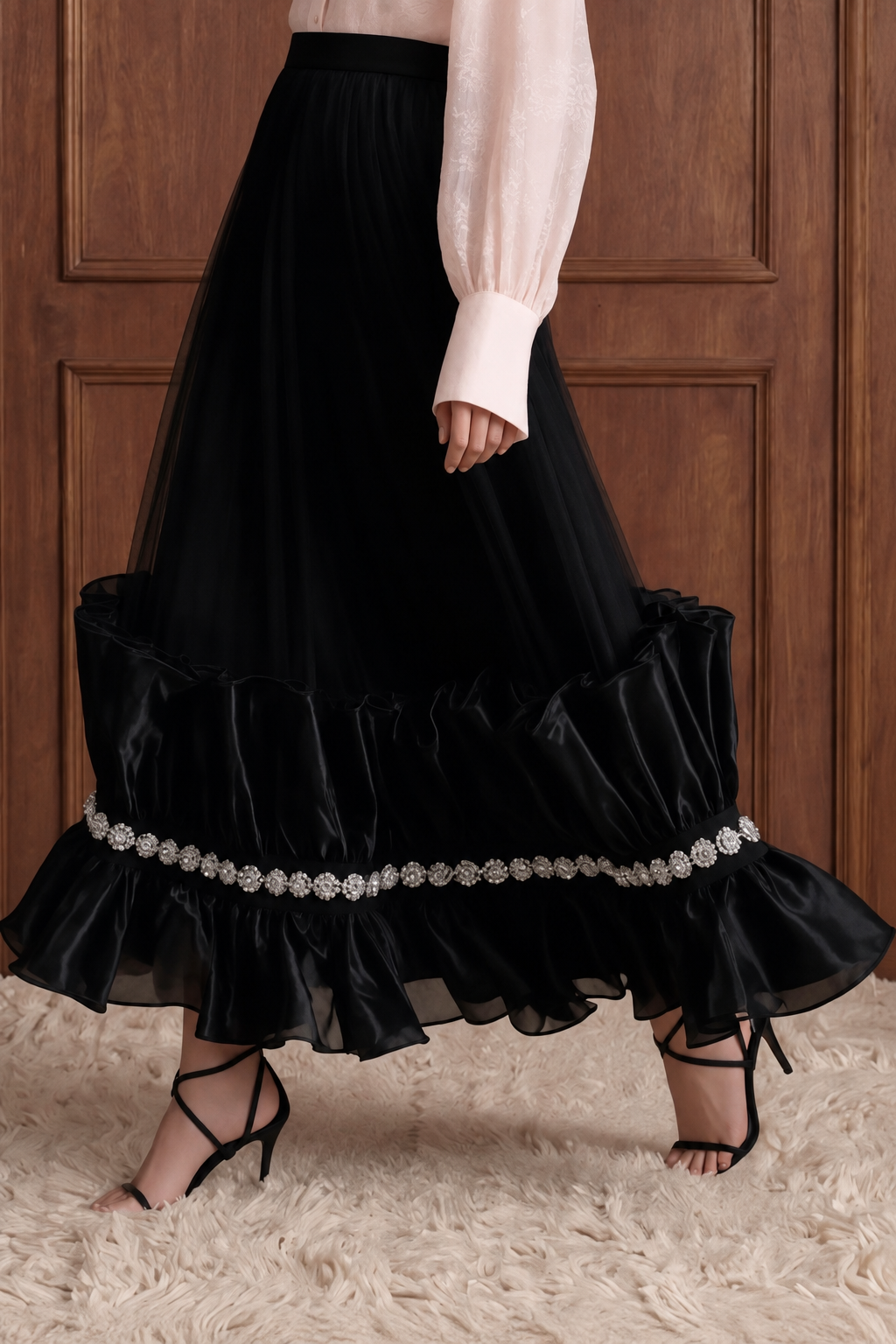Étoile de Soir Embellished Tulle Maxi Skirt in Black — detail side view