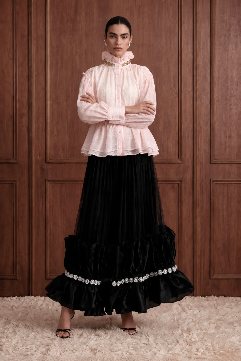 Étoile de Soir Embellished Tulle Maxi Skirt in Black — front view
