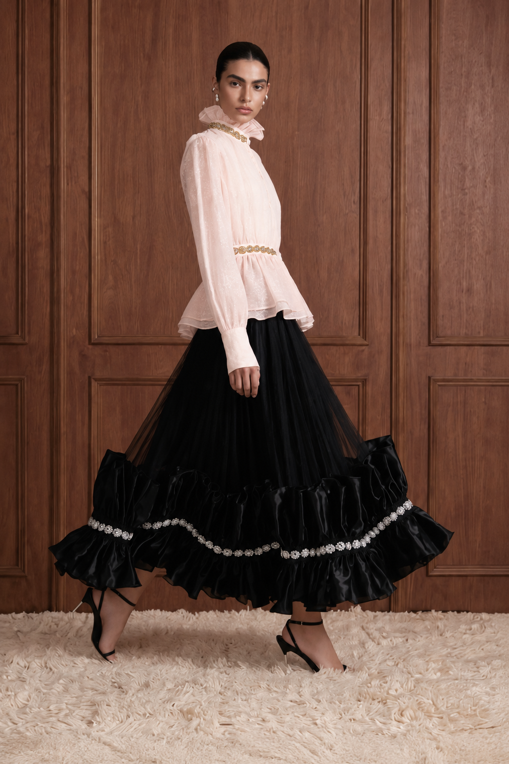 Étoile de Soir Embellished Tulle Maxi Skirt in Black — movement view