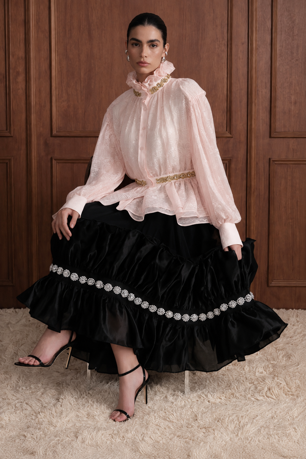 Étoile de Soir Embellished Tulle Maxi Skirt in Black — seated view