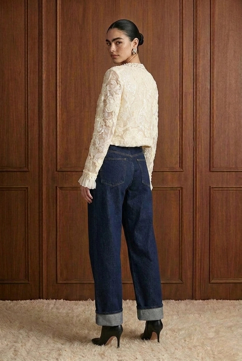 Fleur de Perle Embellished Jacket in White — back view