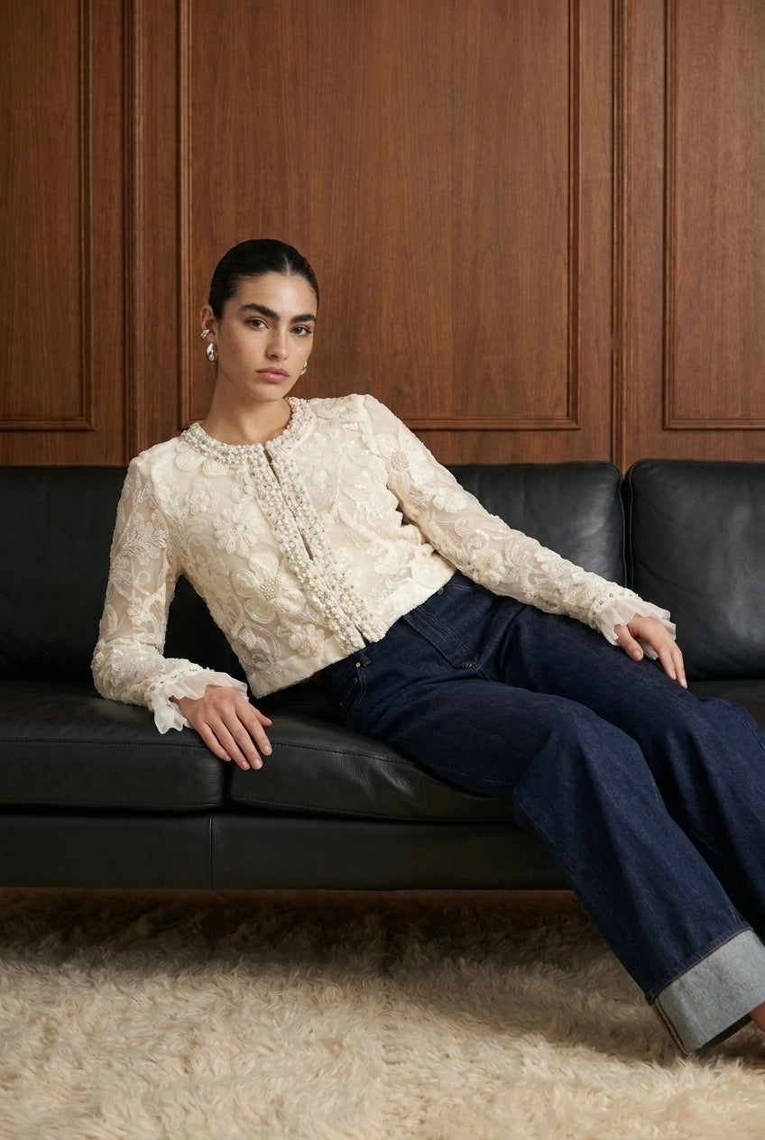 Fleur de Perle Embellished Jacket in White — detail view