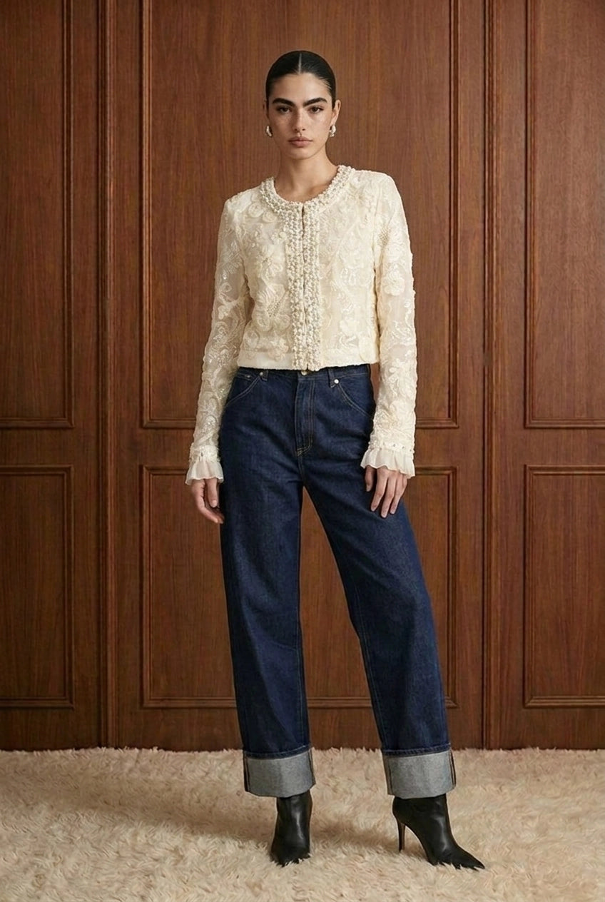 Fleur de Perle Embellished Jacket in White — front view