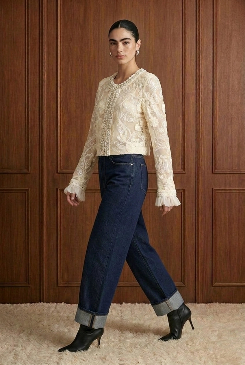 Fleur de Perle Embellished Jacket in White — movement view