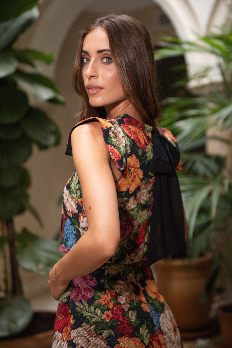 Black bow and shoulder flap detail on the Fleur de Saison jacquard top