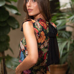 Black bow and shoulder flap detail on the Fleur de Saison jacquard top