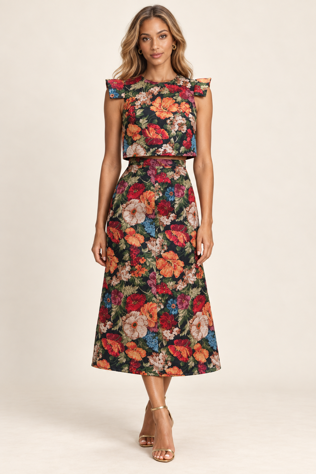 Fleur de Saison floral jacquard crop top and midi skirt set, front view