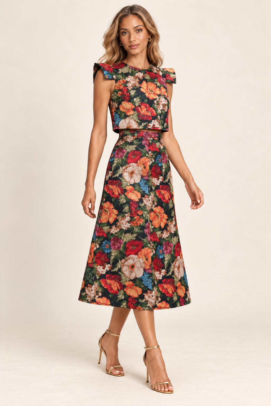 Floral jacquard matching set, angled full-length view