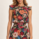 Floral jacquard fabric and structured shoulder flap detail