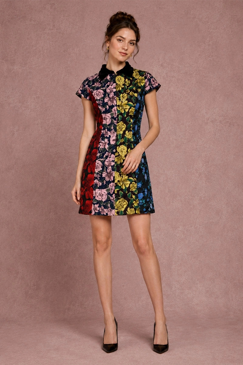 Fleur Galerie colorblock floral jacquard mini dress, full-length view