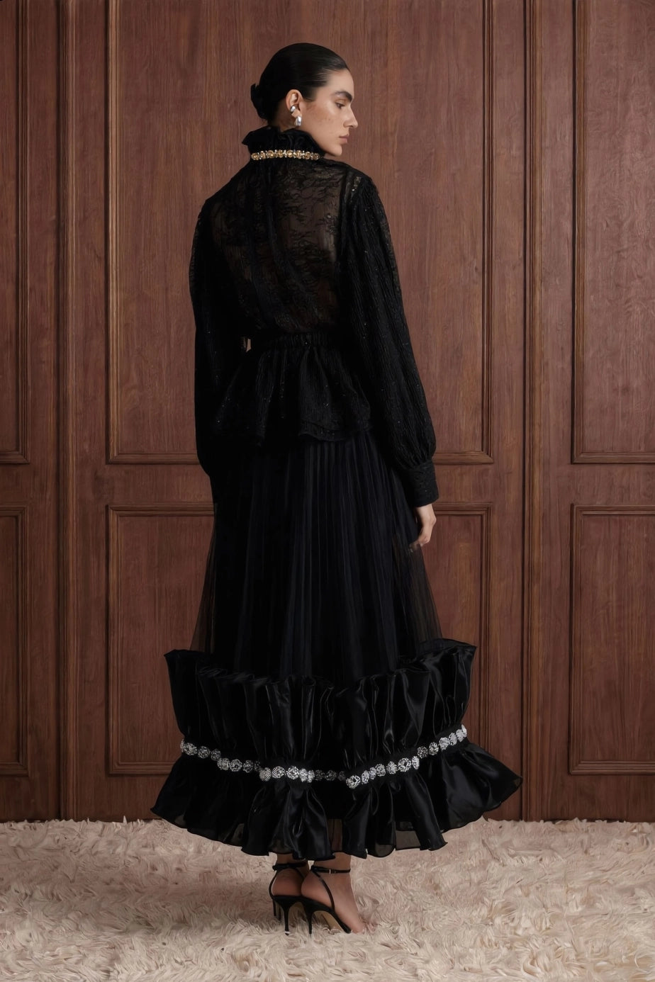 Fleur Royale Organza Peplum Blouse — black back view