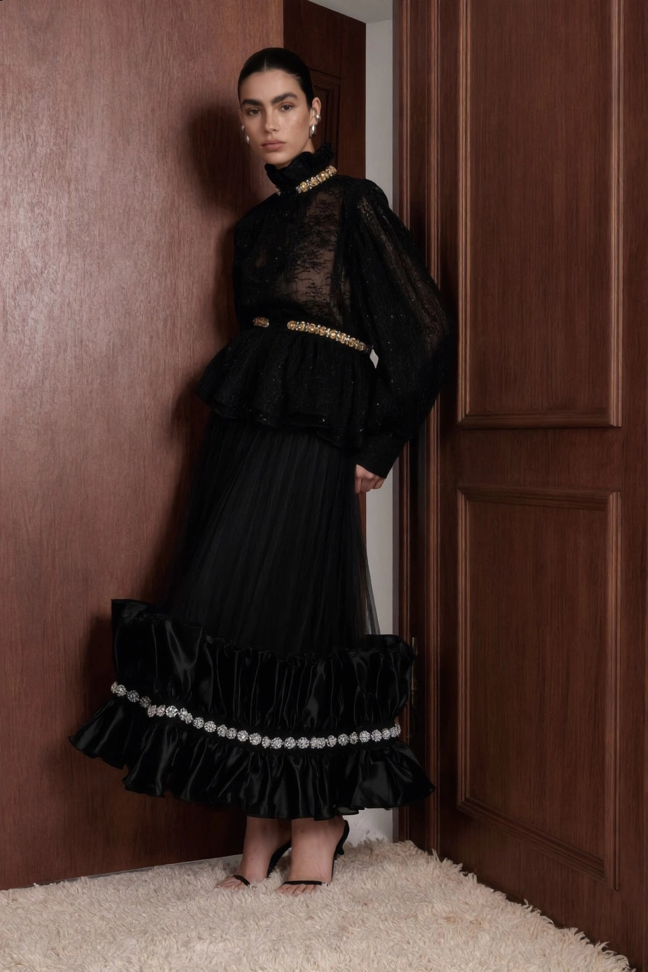 Fleur Royale Organza Peplum Blouse — black detail view