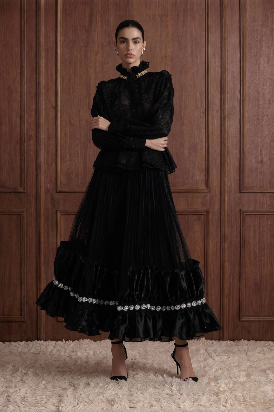 Fleur Royale Organza Peplum Blouse — black front view