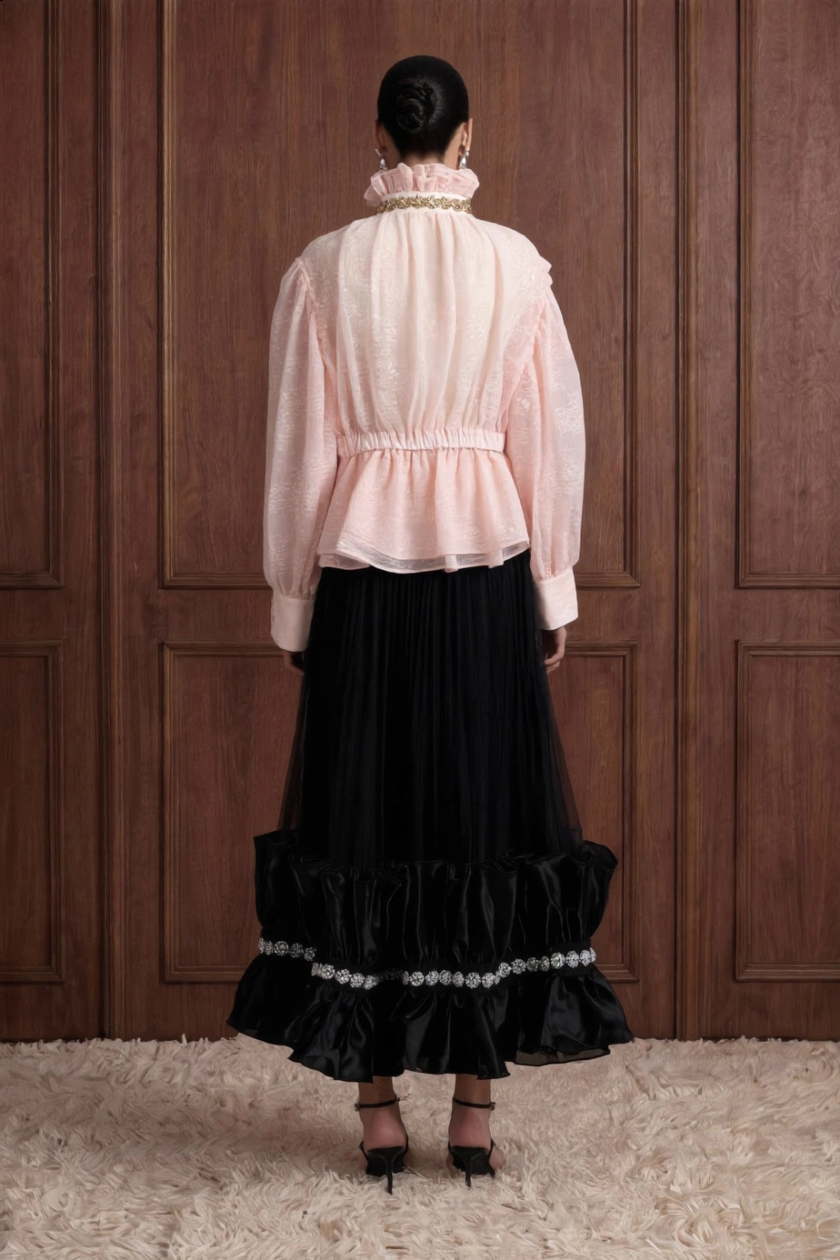 Fleur Royale Organza Peplum Blouse — blush back view