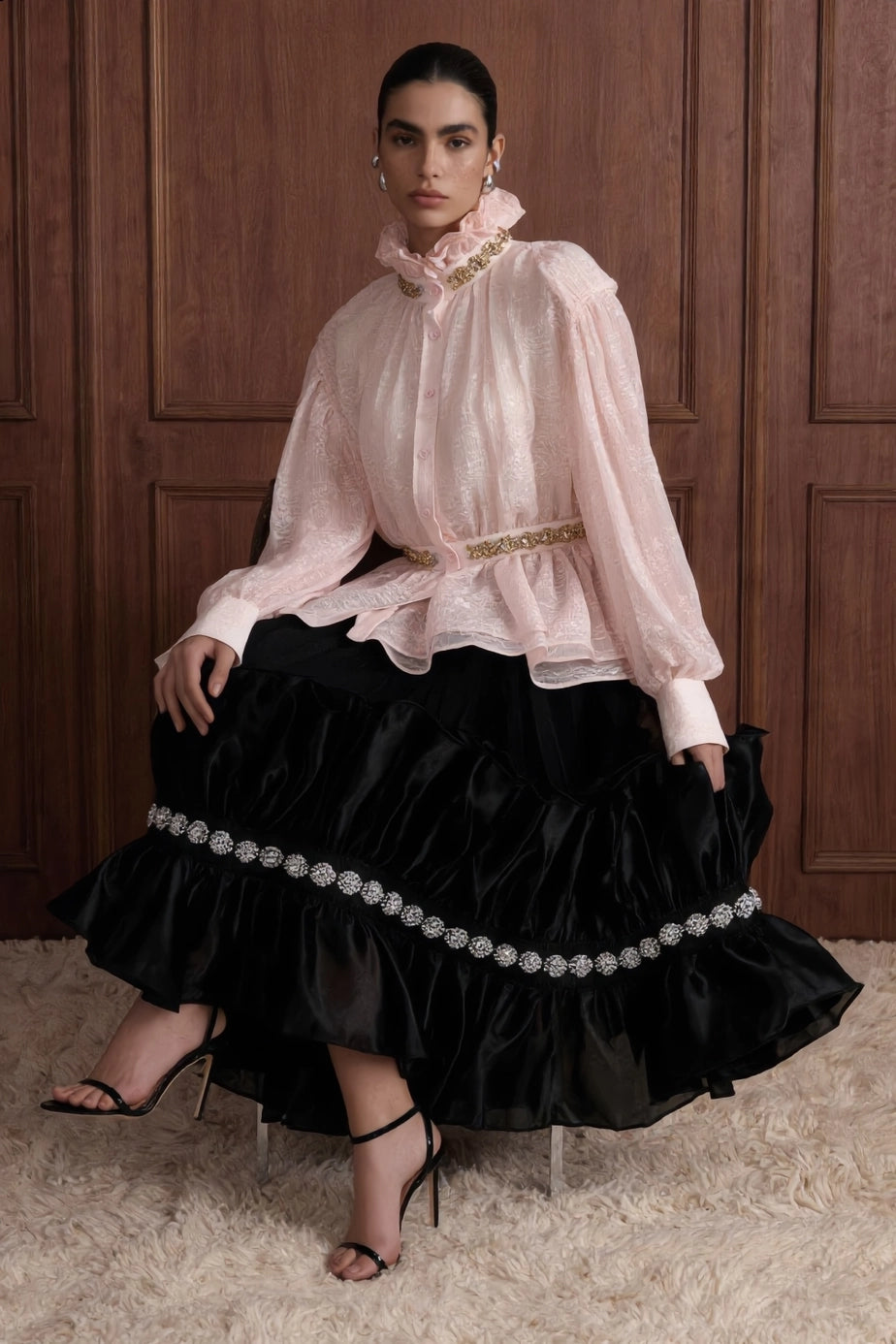Fleur Royale Organza Peplum Blouse — blush detail view