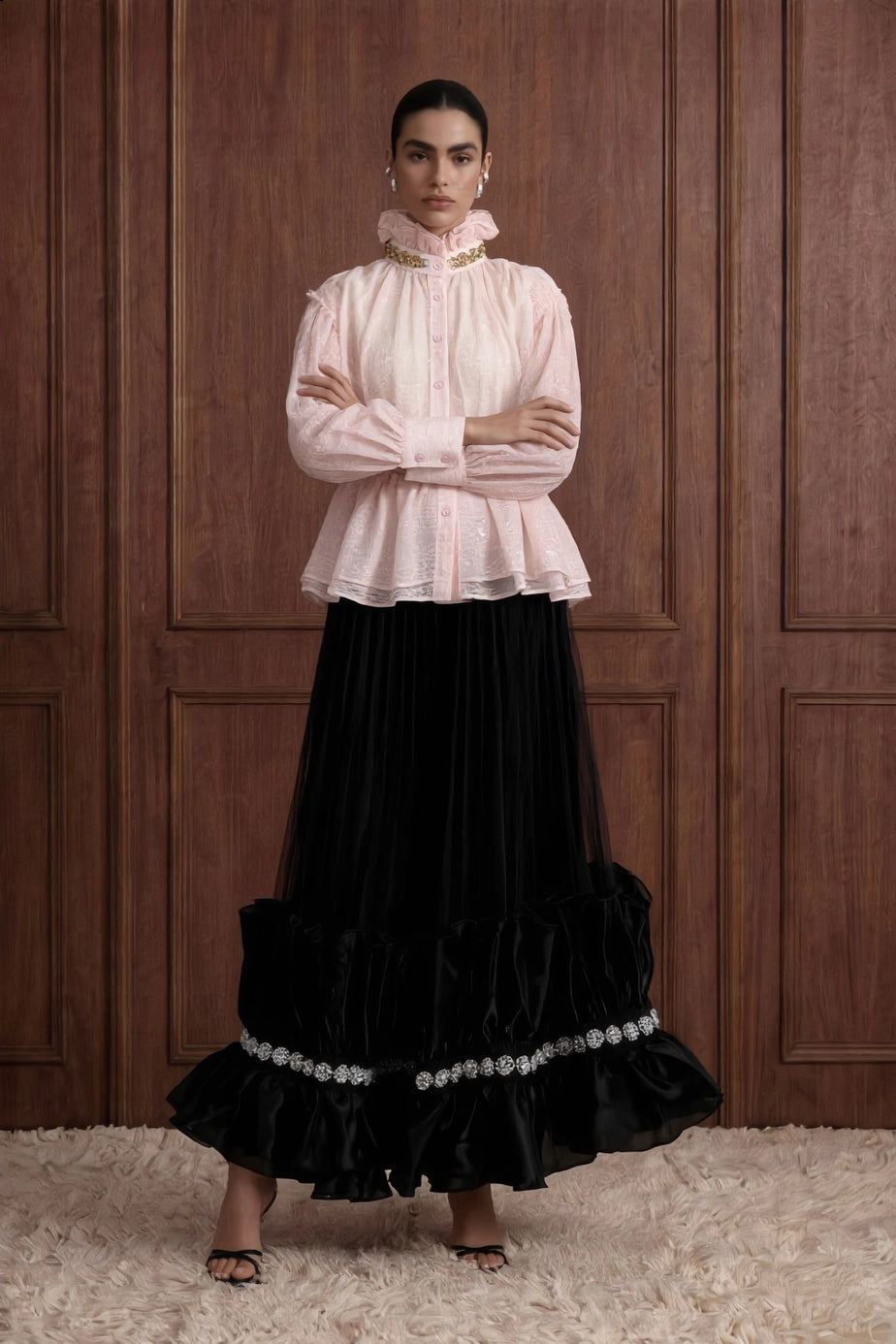 Fleur Royale Organza Peplum Blouse — blush front view