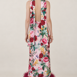 Fleurine Floral Feather-Hem Maxi Dress — back view