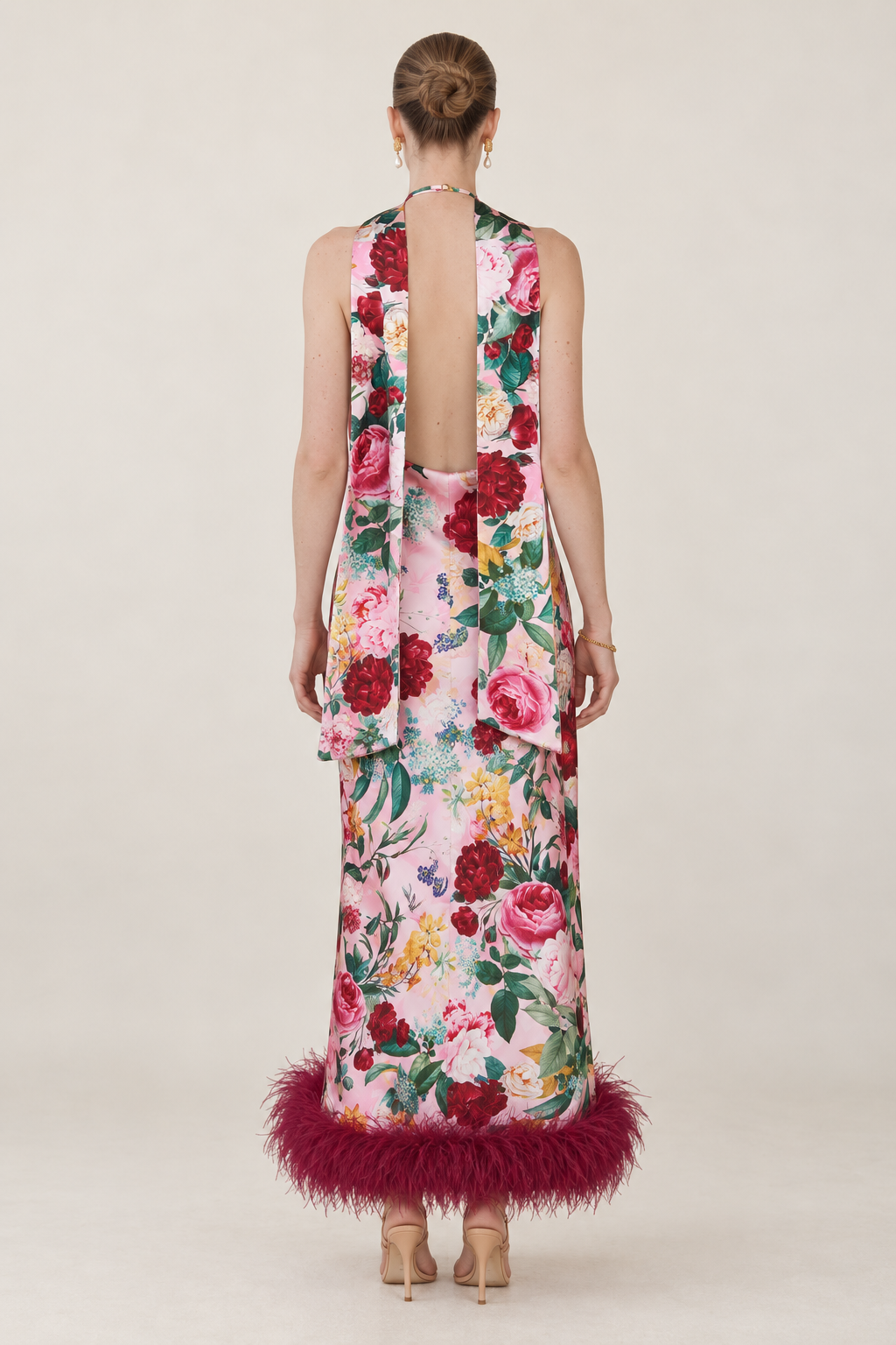 Fleurine Floral Feather-Hem Maxi Dress — back view