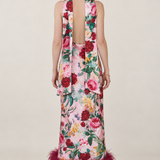 Fleurine Floral Feather-Hem Maxi Dress — back view