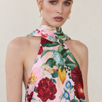 Fleurine Floral Feather-Hem Maxi Dress — close-up view