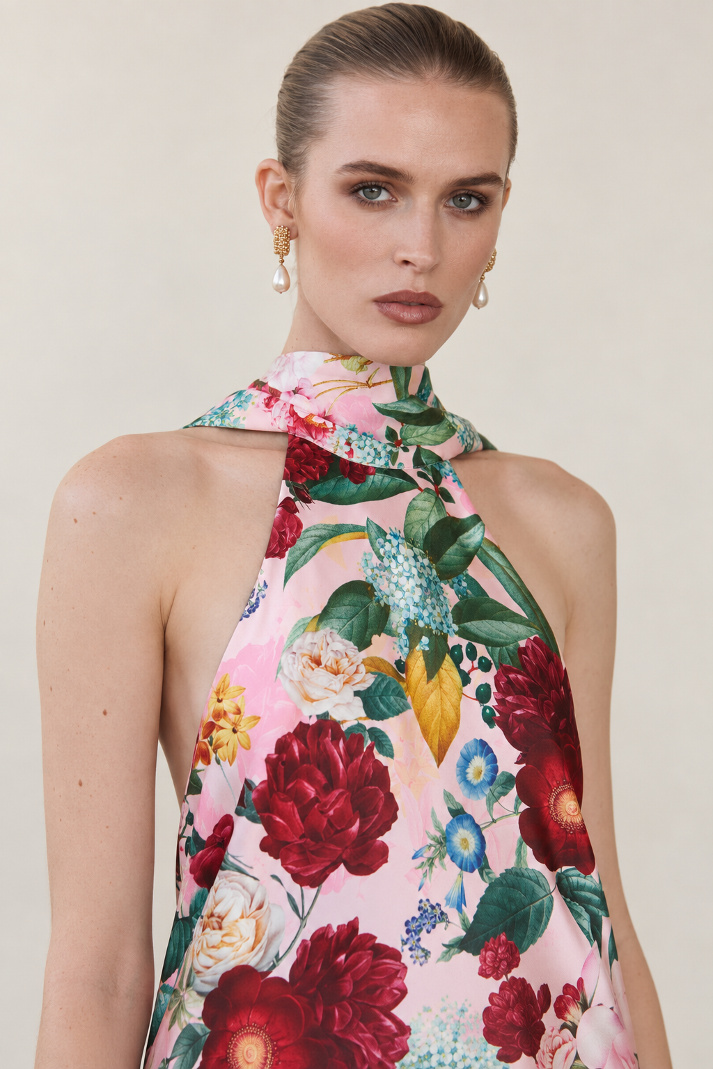 Fleurine Floral Feather-Hem Maxi Dress — close-up view
