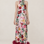 Fleurine Floral Feather-Hem Maxi Dress — front view