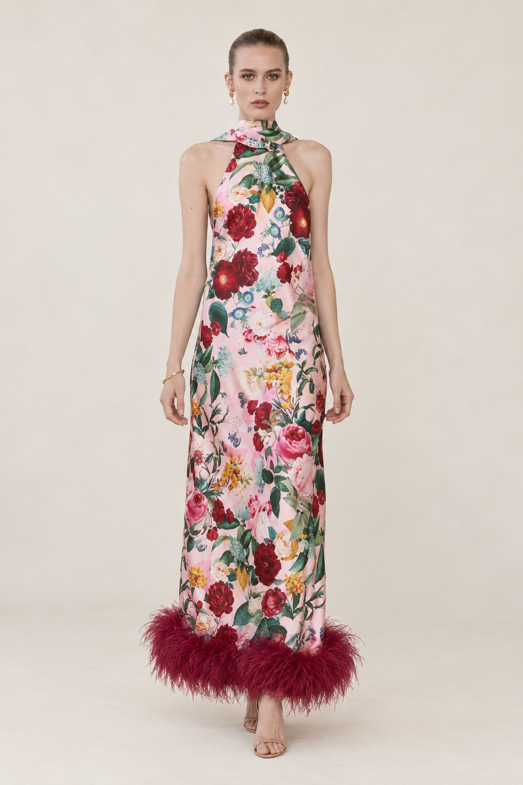 Fleurine Floral Feather-Hem Maxi Dress — front view