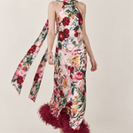 Fleurine Floral Feather-Hem Maxi Dress — movement view