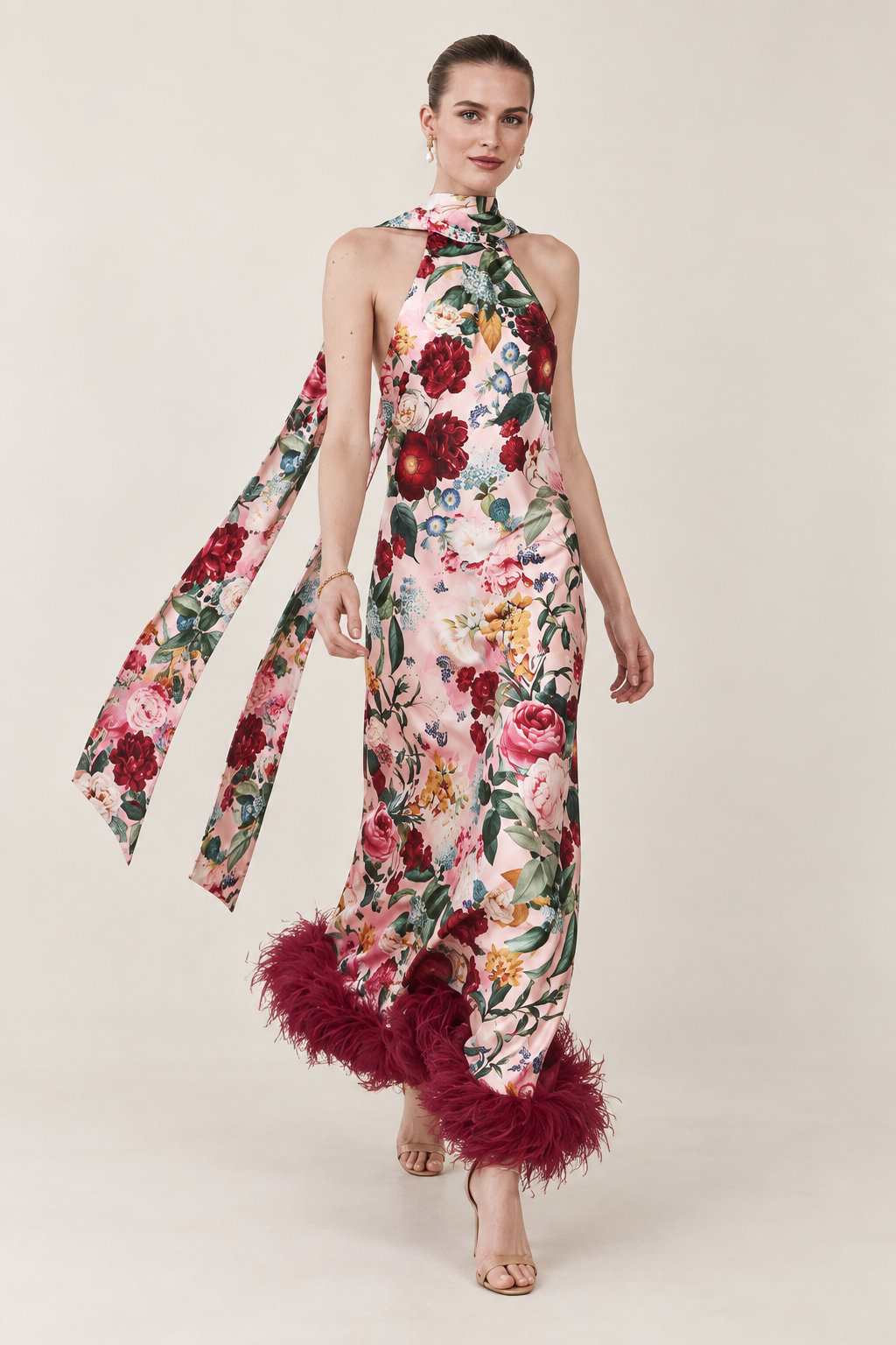 Fleurine Floral Feather-Hem Maxi Dress — movement view