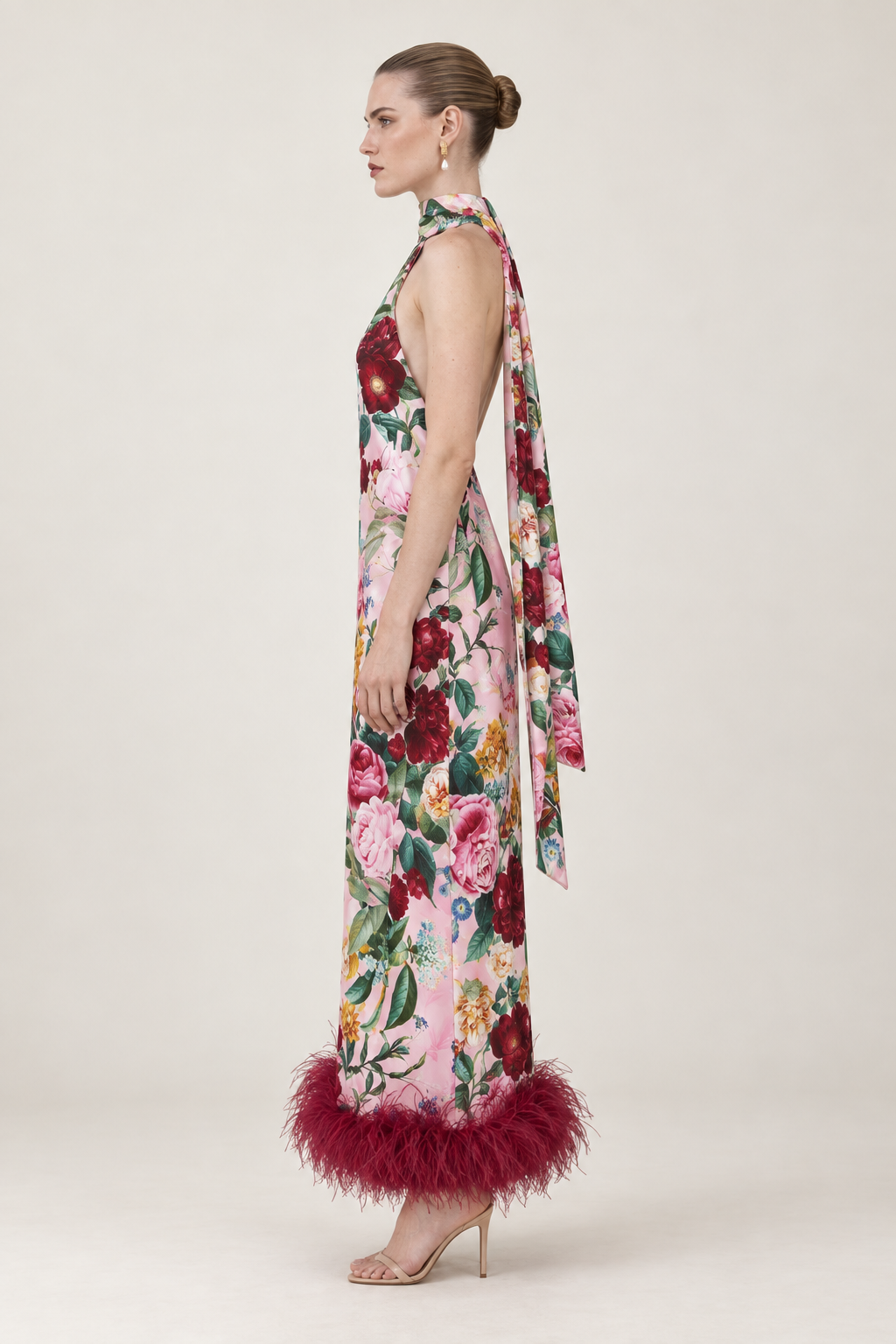 Fleurine Floral Feather-Hem Maxi Dress — side view