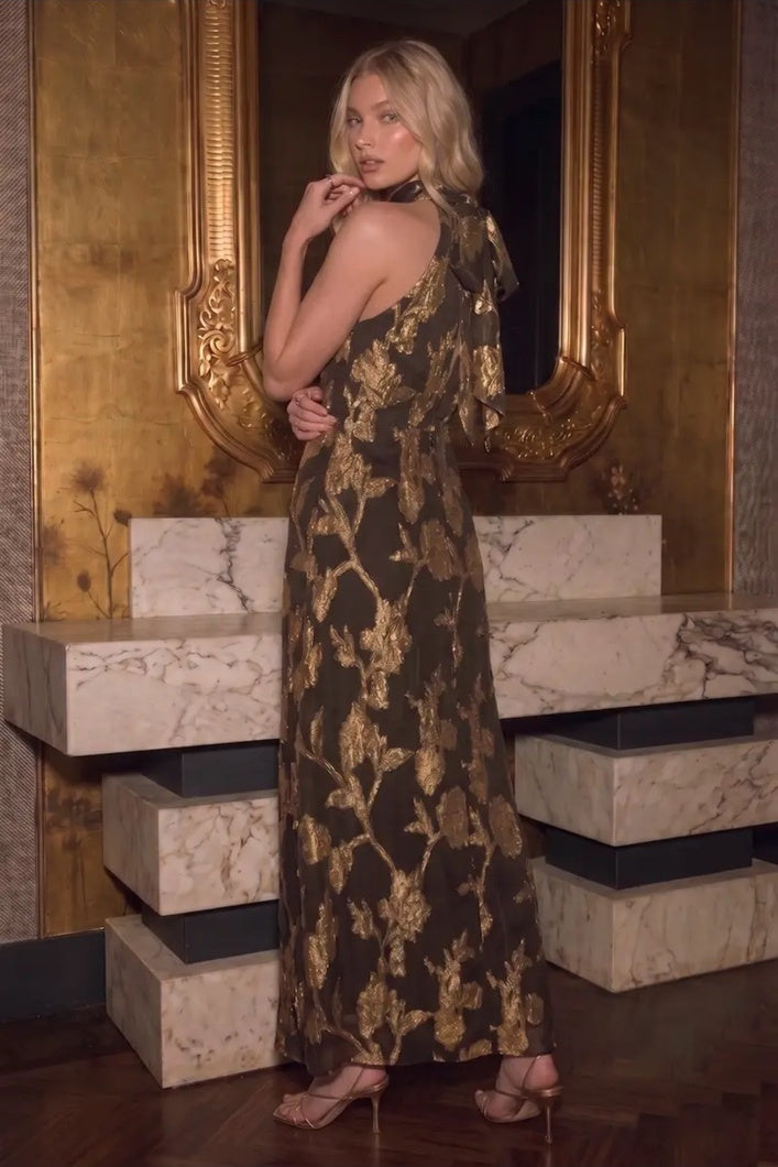 Back view of the Gilded Bloom Halter Jacquard Dress showing the tied halter neckline